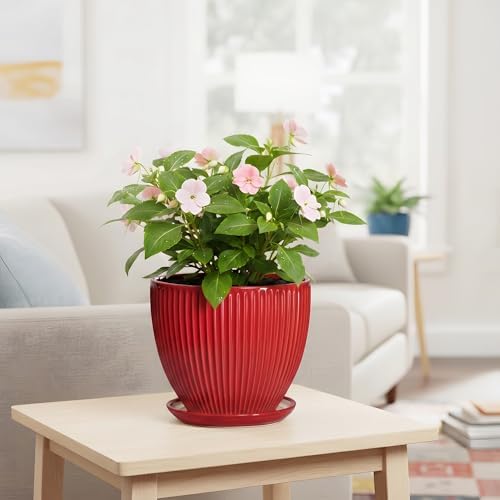 Ceramic Flower Pots 8 Inch, Ceramic Planters for Indoor House Plants, Decorative Plant Pots with Drainage Hole and Saucer, Modern Round Planter, Office Decor, Gifts for Men Women, Red - Image 6