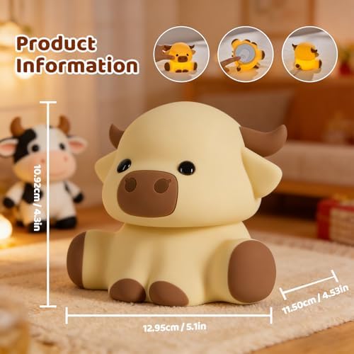 Cute Highland Cow Rechargeable Night Light, LED Touch Silicone Lamp for Bedroom with 7 Colors Timer and Dimmable Squishy Warm Night Lights, Novelty Animal Lamp for Nursery Birthday Gift - Image 6