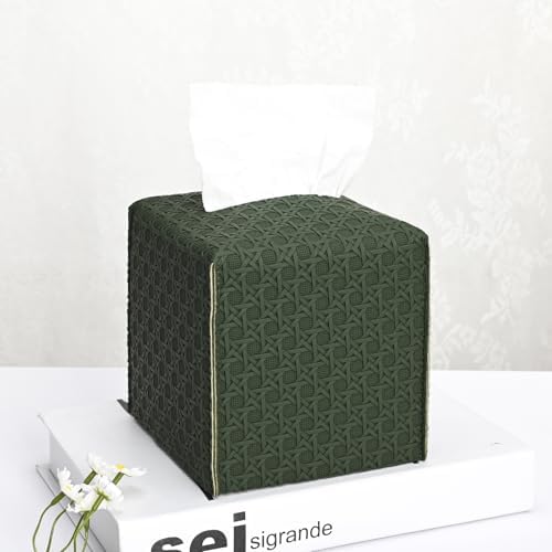 HOMOTEK 1 Pack Tissue Box Cover, Square PU Leather Tissue Holder, Decorative Facial Tissue Cube Paper Organizer Dispenser for Bathroom, Night Stands, Desk, Car 5X5X5'' - Rattan Weave, Emerald Green by HOMOTEK