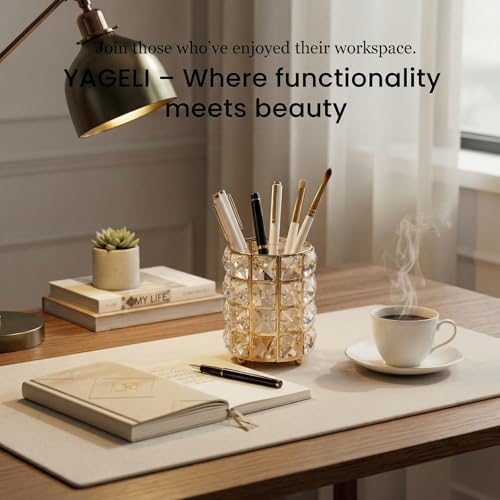 YAGELI Crystal Pen Holder for Desk, 3.58" Gold/Silver Pencil Cup - Image 5