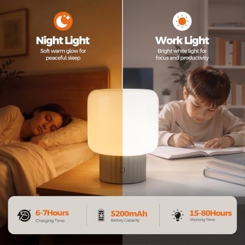 VOLISUN Mushroom Lamp, Cordless Rechargeable Table Lamp with Glass Shade, 3 Color Temperatures & Stepless Dimming, 5200mAh, Touch Control Bedside Lamps for Living Room, Bedroom, 2 Pack (Brown) - Image 6