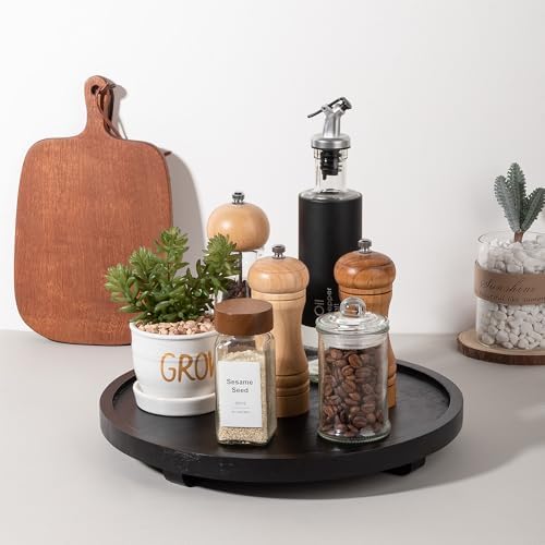 Round Decorative Tray Wood Bathroom Counter Organizer Farmhouse Kitchen Decor Wooden Riser for Soap Dish, Perfume, Candle, Sponge, 12" - Black - Image 2