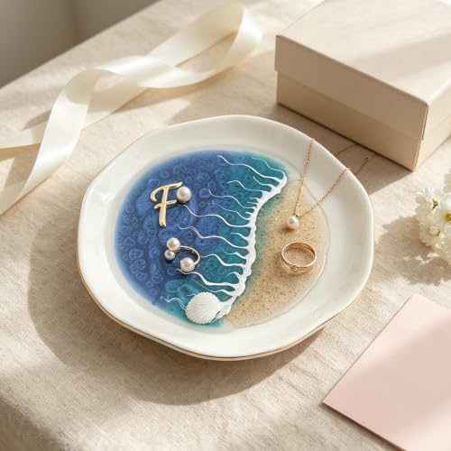 Coastal Decor Ocean Resin Tray, Ceramic Beach Wave Ring Dish, Gold Trim Jewelry Holder, Mini Decorative Trinket Dish for Home, Bathroom, Shelf Decor (F) by Unknown