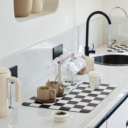 Ohocut Checkered Dish Drying Mat for Kitchen Counter, Coffee Bar Station Accessories, Retro Cute Aesthetic Modern Absorbent Drainer Mat Kitchen Drying Mat Easy Clean, Black 16" x 24" by Ohocut