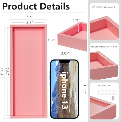ZHWS Bathroom Vanity Tray for Perfume Decor Toilet Tank Candle Toiletries, Kitchen Tray for Soap Dispenser Spice Salt Coffee, Bamboo Nightstand Tray 11.3”x4.4” (Pink) - Image 6