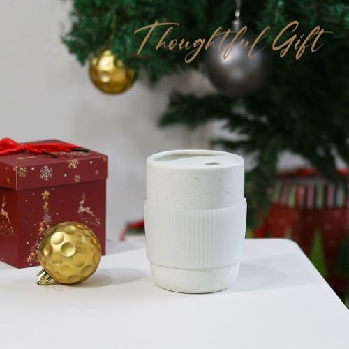 Handmade Ceramic Travel Coffee To Go Tumbler with Half Lid, 17oz Unique Tea Coffee Cup with Sip-top Lid, Speckle White - Image 6