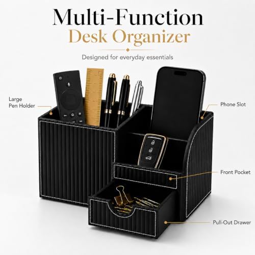 KINGFOM Executive Leather Desk Organizer with Drawer, Modern Black Desk Accessories for Men, Premium Office Desk Organizer with Pen Holder & Storage Compartments for Home Office - Image 4