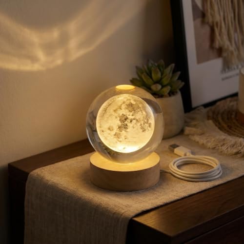 VICASKY 3D Engraved Moon Lamp with USB Wooden Base, Crystal Ball Moon Night Light Decorative Night Lamp Birthday Gifts for Kids Room Nursery Decor - Image 2