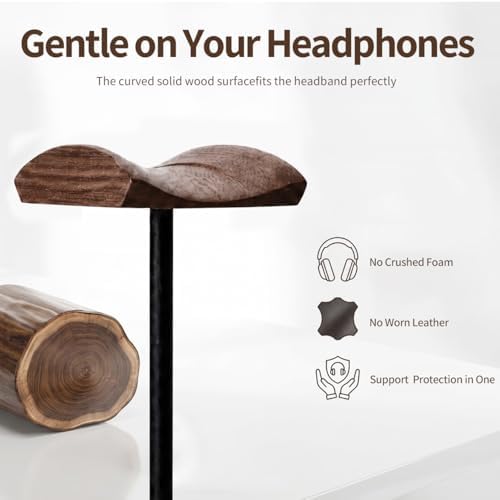 Headphone Holder Stand for Desk, Wood and Metal Headset Hanger Mount Hook Gaming Holder Desktop Earphone Artful Functional Craftsmanship Stand for All Headsets with Solid Wooden Base - Image 3