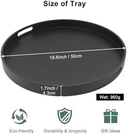 19.6" Extra Large Round Wooden Decorative Tray with Handles,Black - Image 5