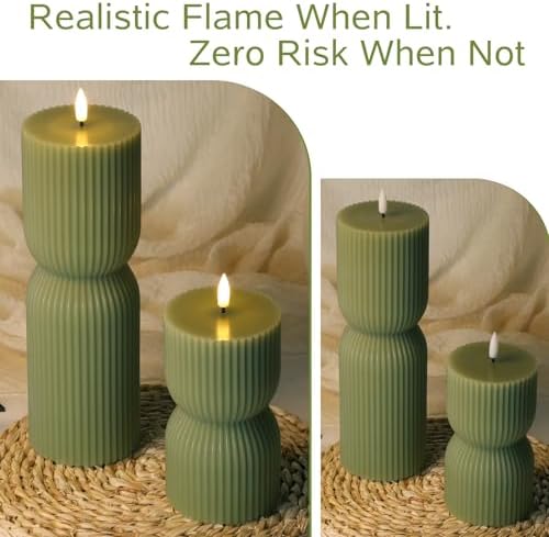 Olive Green Ribbed Flameless Pillar Candles with Remote Set of 2 - Image 5