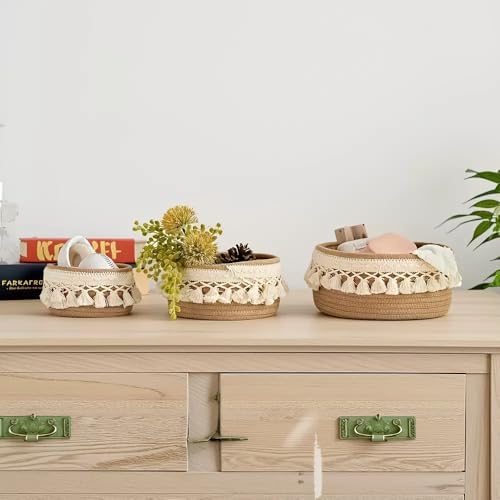 3 Pack Woven Basket,Macrame Makeup Basket,Boho Vanity Cosmetics Desk Storage Baskets,Natural Cotton Rope Pantry Table Organizer Bins for Bedroom Living Room Bathroom School Shelves Office Desk - Image 5
