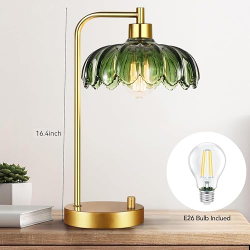 ILLMTW Glass Table Lamp Set of 2,Small Gold Bedside Lamps Dimmable Boho Bedroom Lamp with Tulip Flower Green Lamp Shade,Vintage Mid Century Modern Mini Nightstand Lamp for Bedroom Living Room - Image 7