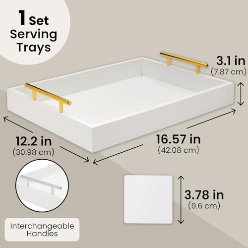 Juvale Ottoman Tray with Coasters & Interchangeable Gold & Silver Handles - 15.7" x 11.8" x 3.1" - White Rustic Wood Rectangular - Coffee Table Tray for Serving & Decorative Accents - Image 6
