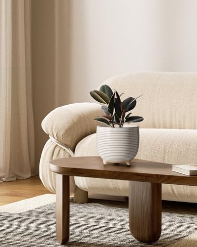 LE TAUCI Ceramic Plant Pots, 5.1 + 6.4 Inch Footed Pots for Plants, Modern Flower Pots for Home and Office, Indoor Planters with Drainage, Reactive Glaze White - Image 2
