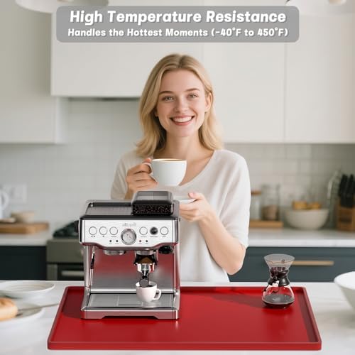 Rnivvi Silicone Coffee Mat, 12" x 19" Waterproof Raised Edge Coffee Bar Mats for Espresso Machine Station Accessories, Heat Resistant Dish Drying Pad for Kitchen Counter, Rubber Bar Decor Pad, Red - Image 2