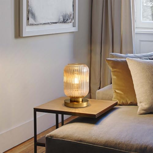 Amber Glass Table Lamp,Vintage Gold Base Ribbed Bedside Lamp - Image 5