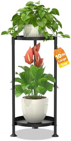 LASZOLA Plant Stand Indoor Tall Corner with Large Metal Tray, 2 Tier Black by LASZOLA
