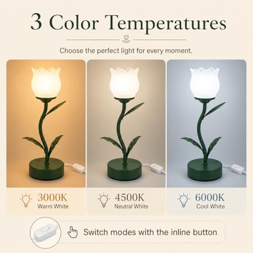 Tulip Lamp for Bedroom, Cute Flower Table Lamp with G9 LED Bulb, 3 Color Temperature Bedside Lamp, Vintage Kawaii Desk Lamp for Nightstand Living Room, Green - Image 5