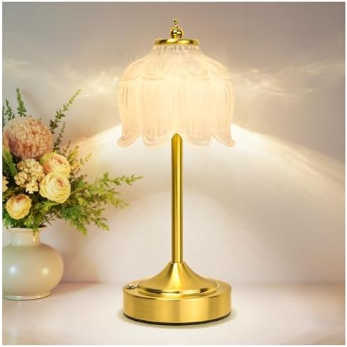 Cordless Table Lamp, Rechargeable White Glass Lotus Flower Lamp by Unknown