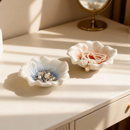 Ceramic Flower Ring Holder Dish with Gradient Center 4.5 Inch White Porcelain Jewelry Tray, Modern Minimalist Trinket Holder for Vanity, Dresser, Bedroom, Gift for Her (green) - Image 5