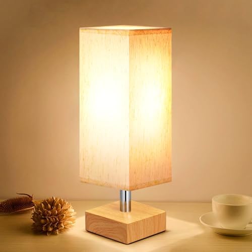 Wood-Grain Small Bedside Lamp for Bedroom - Square Cream Fabric Shade by Aooshine