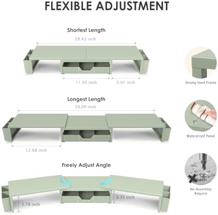 OPNICE Desk Organizers and Accessories, Dual Monitor Stand Riser with Drawer and 2 Pen Holders, Desk Shelf Printer Stand for Office Workspace Organizers, Desktop Organization (Sage Green) - Image 3
