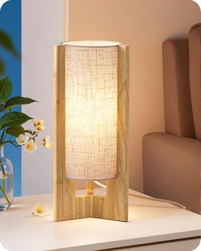 EDISHINE Small Cute Table Lamp, Natural Wood Nightstand Lamp, 13.5", E26 by EDISHINE