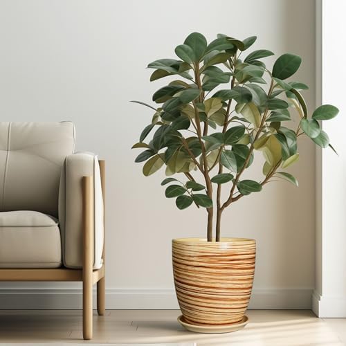 10 Inch Plant Pot Ceramic Pots for Plants with Drainage Hole and Saucer Round Flower Pot for Home Patio Garden Office Yellow - Image 2