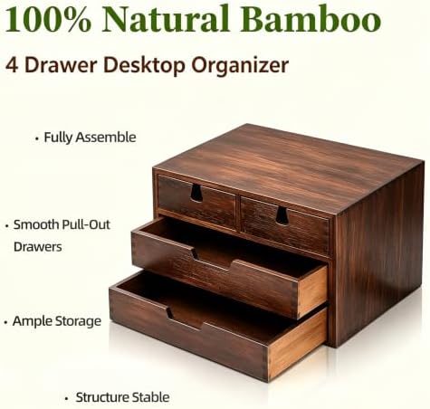 DEAYOU Bamboo Desk Organizer, 100% Natural Bamboo Desktop Drawer Organizer, Dark Brown Tabletop Storage Cabinet Organization Box with 4 Drawer for Makeup, Letter, Home, 3 Layer, Fully Assemble - Image 4