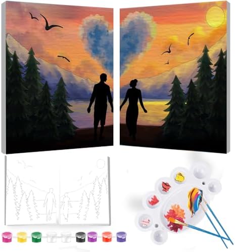 2Pcs Paint and Sip Kit for Adults,Pre Drawn Canvas to Paint for Flower Butterfly Date Night for Couples DIY Acrylic Painting Kits 8×10 (Sunset) by iPaint
