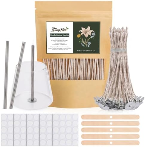 200pcs Natural Candle Wick kit,100pcs Wick Stickers with 5pcs Wick Holders and 2pcs Wick Placing Tube，for Soy Wax, Beeswax, Coconut Wax - DIY Candle Making Supplies for Beginners & Professionals by Blingfun