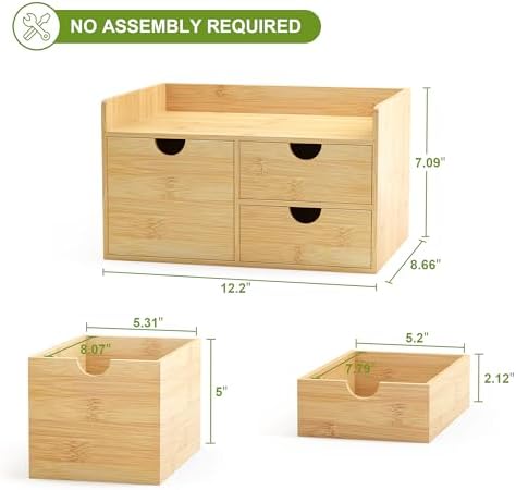 Wisuce Bamboo Desk Drawer Organizer, 3 Drawer Desktop Organizer with Drawers Tabletop Storage Organization Box for Office Home Toiletries Supplies Vanity, No Assembly Required - Image 3