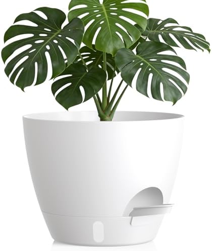 Plant Pots, 1 Pack 12 Inch Self Watering Pots with Drainage Holes, Water Level Indicator Deep Reservoir, Large Planters for Indoor Outdoor Plants - White by KUGAZ