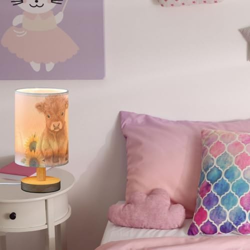 Cute Watercolor Highland Cow Sunflower Bedside Table Lamps with USB Port for Bedroom LampSmall Nightstand Lamp Sturdy Linen Shade Wooden Base Decorative Lamps for Nursery Kids Reading Dorm Home - Image 5