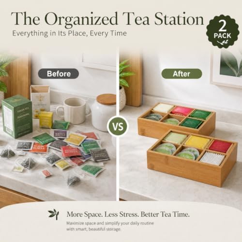 Dicunoy 2 Pack Bamboo Tea Bag Organizers, Wood Tea Bag Storage for Drawers with 6 Roomy Compartments, Sturdy Tea Chest Boxes for Shelf, Coffee Station, Sugar Packet, Sweeteners, Small Packets - Image 6