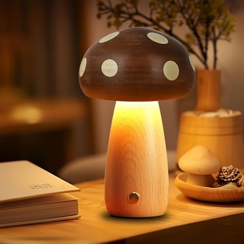LONRISWAY LED Wooden Mushroom Lamp for Bedroom,Portable Cordless Touch Switch Small Rechargeable Battery Operated Lamp,Stepless Dimming, Night Light for Birthday Gifts by LONRISWAY