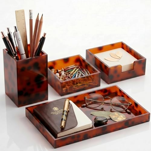 4 Pcs Aesthetic Desk Organizer Set Desk Tray, Pen Holder, Paperclip Storage and Sticky Note Holder Tortoiseshell Office Desktop Decor Accessories for Women or Men by Ferrochef