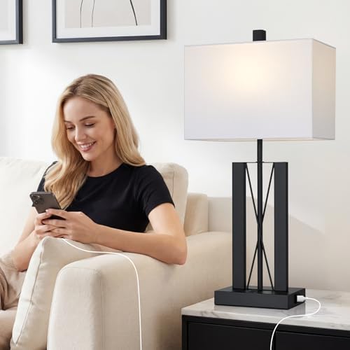 Lolikit 25" Table Lamps for Living Room Set of 2, Modern Table Lamp with 2 USB Charging Ports, Nightstand Geometric Bedside Lamp with White Shade for Bedroom End Table Desk Office(2 LED Bulb Included) - Image 2