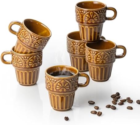 Ceramic Coffee Mug, Stackable Mug 3.3 OZ Coffee Mugs, Espresso Cups, Mugs Set of 6 for Latte Milk Hot Chocolate, for Men Women Kids, Ideal for Home Restaurant Daily Use & Holiday Gifting, Brown by LYEOBOH
