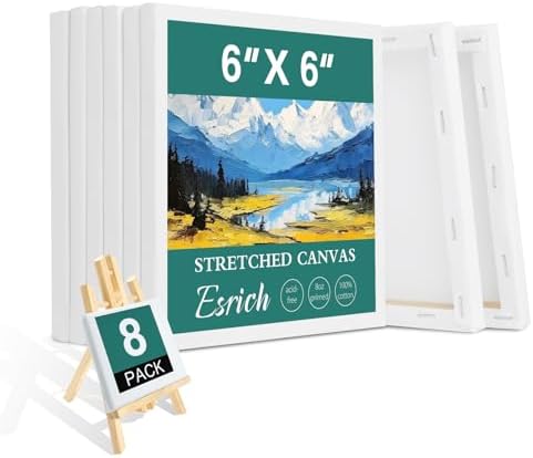ESRICH Small Stretched Canvas for Painting 6x6 inch, 2/5''Profile Art Primed 8 Pack Canvases for Painting, Cotton Small Professional Blank Paint Canvas for Kids and Art Supplies, for Acrylics, Oils. by ESRICH