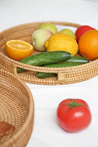 HITOMEN 11.8" Hand-Woven Round Rattan Serving Tray Decorative Wicker Trays with Handles for Coffee Table (Natural-M) - Image 4