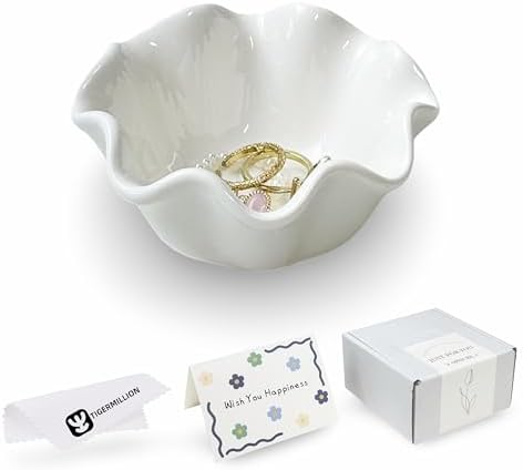 White Flower Jewelry Dish Tray, 3.85″ Lotus Ceramic Ring Holder, Cute Vanity Organizer Nightstand Bathroom Decor, Trinket Plate Dish Christmas Valentine's Mother's Day Birthday Gifts for Women (Plain) by TIGERMILLION