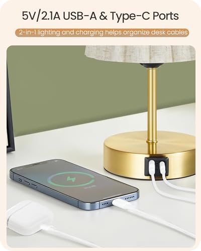 Small Bedside Table Lamp, Touch Dimmable Table Lamp with USB Ports, Nightstand Lamp with a Stepless Dimming LED Bulb, E26 Base, for Bedroom, Study, Desk, Gold and Beige DE16TL05 - Image 3