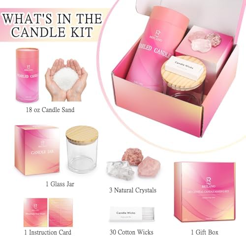 BRELANO Crystal Candle Making Kit – No-Melt Pearled Candle Sand, 18 oz Sand Wax, 30 Cotton Wicks, 3 Natural Crystals & Glass Jar – DIY Candle Gift Set for Women & Home Decor - Image 2