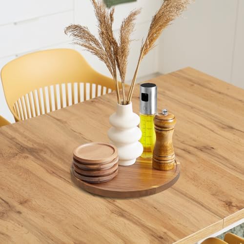 10 Inch Acacia Wood Round Tray, Wooden Decorative Coffee Table Tray Centerpiece Candle Holder for Farmhouse Kitchen Dining Room Home Bathroom Decor Coffee Table Decor and Accessories - Image 3