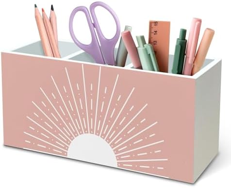 DILSJ Pink Boho Abstract Sunshine Pen Pencil Holder Organizer for Desk, Boho Office Decor, Pink Mid Century Modern Minimalist Sun Sunshine Wooden Box Signs for Home Office Desk Tabletop Decoration by DILSJ