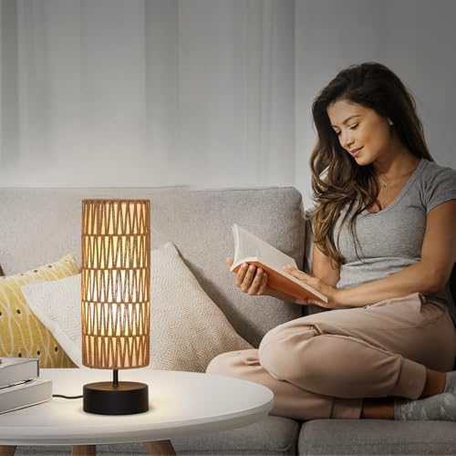 Rattan Table Lamp, Touch Control Bedside Table Lamp with Black Base, 3 Way Dimmable Nightstand Lamp with Dual-layer Shade, Boho Night Light for Bedroom Living Room Home Office, 9W LED Bulb Included - Image 5