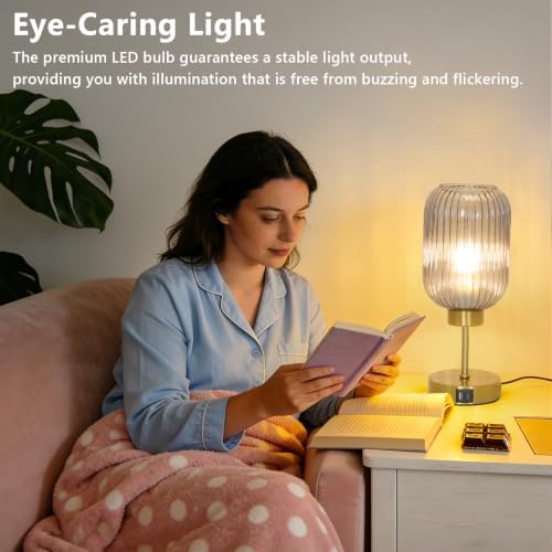 LAMSU Grey Glass Table Lamp for Bedroom with Bulb, Small Beside Lamp with USB Ports, 3 Way Dimmable Desk Lamp, Vintage Modern Nightstand Lamp for Living Room, Office, Ambient Mood Lighting - Image 4
