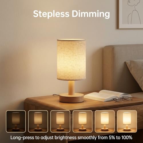 Small Cordless Rechargeable Table Lamp, Touch Control Dimmable 2700K Warm Light, Natural Wood Base Linen Shade for Bedroom Dorm Nightstand - Image 2